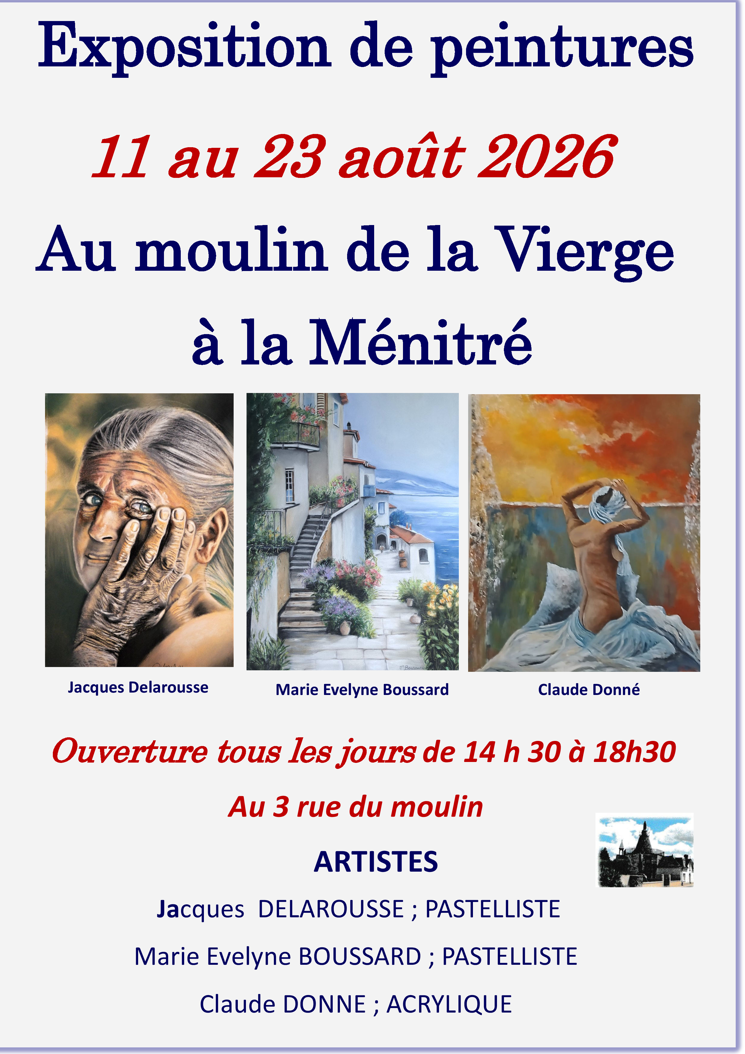 Affiche Exposition de peintures Boussard · Delarousse · Donné — Moulin de la Vierge, août 2026