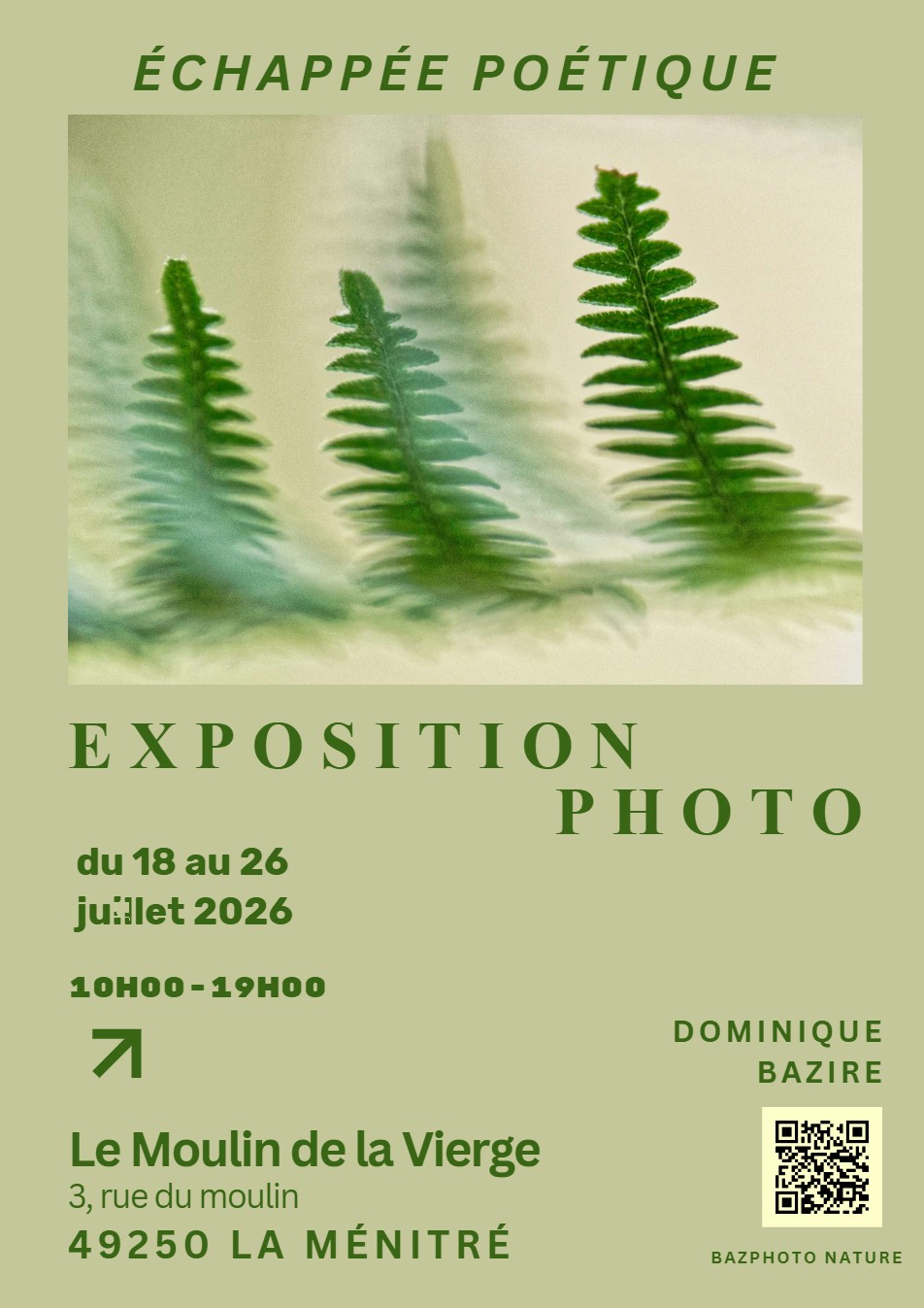 Affiche Échappée poétique, photographies de Dominique Bazire — Moulin de la Vierge, La Ménitré, juillet 2026
